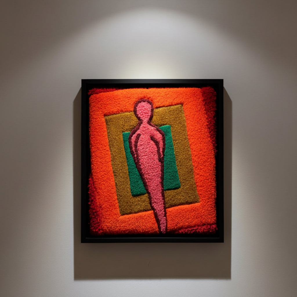 Still Standing, œuvre d’art textile contemporaine en relief réalisée à la main par Ninon Dechavanne, présentée dans une caisse américaine noire rétroéclairée.